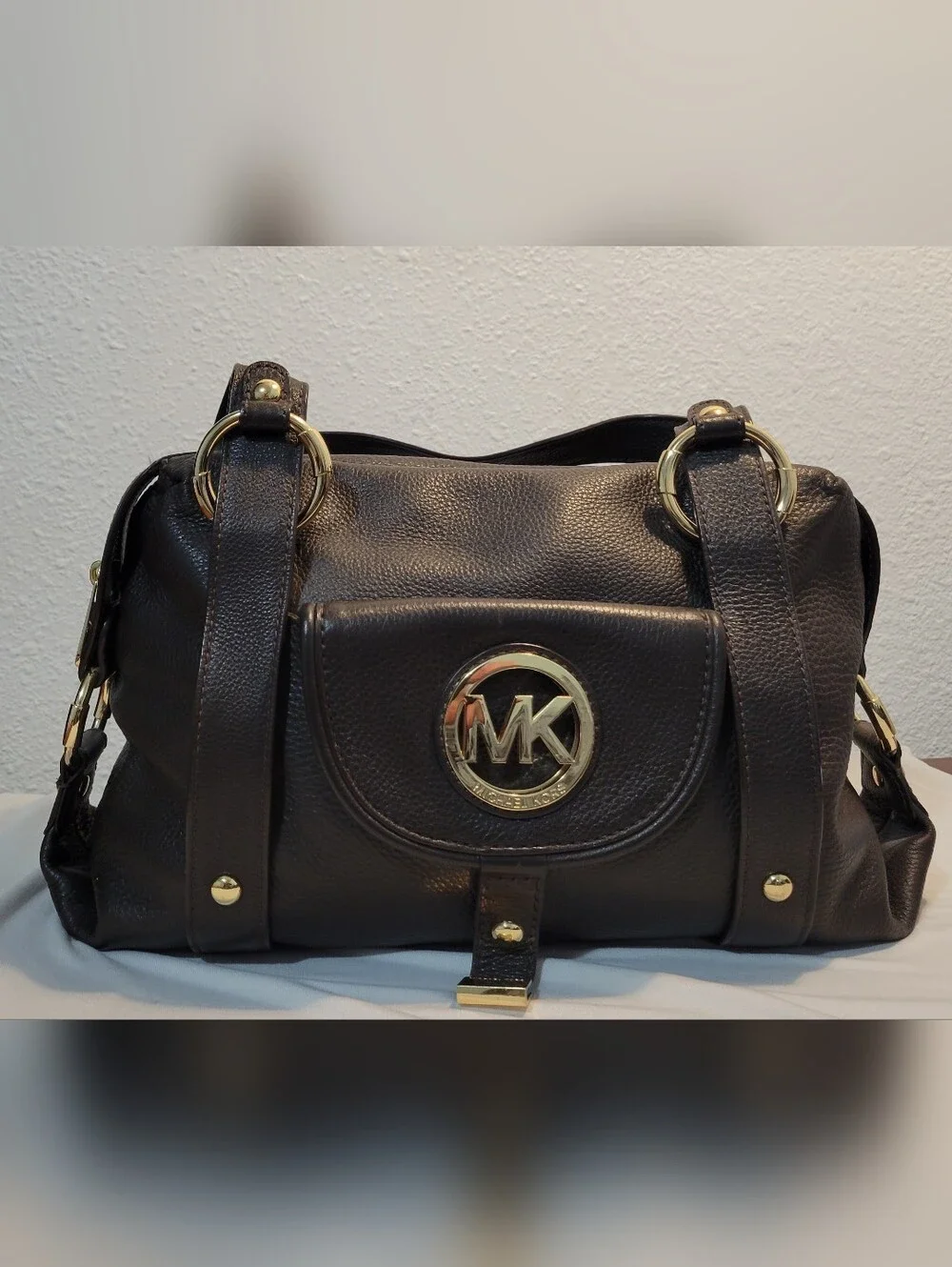 Michael Kors Dark Chocolate Pebbled Leather Shoulder Bag with Gold Hardware